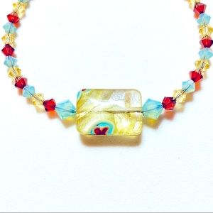 Foiled Glass and Yellow Blue Brown Swarovski Handmade Bracelet